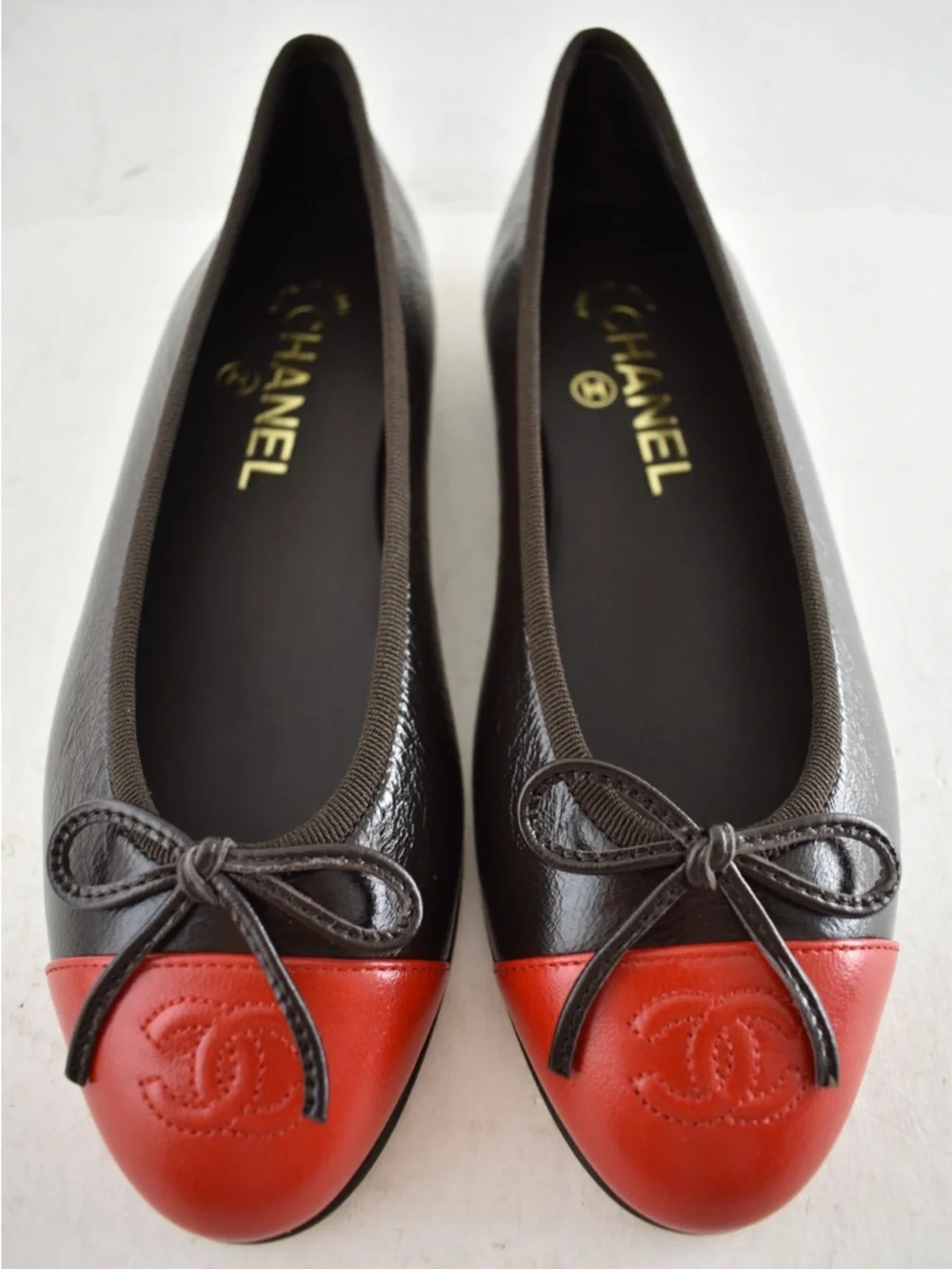 Chanel 26S Dark Brown Red Leather CC Logo Cap Classic Ballet Ballerina Flat 37 - Picture 9 of 16